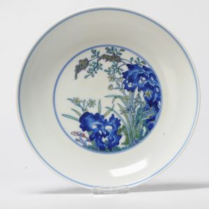 0786 Chinese Blue and White Doucai dish with a landscape scene of flowers