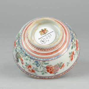 0293. Clobbered or Amsterdams Bont Bowl. Made in China and decorated in Europe. Beautiful decoration with some nice flowers and a cool rooster and bee.