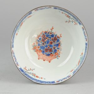 0296. Big Amsterdams Bont Bowl (clobbered). Blue and white china, decorated in Europe. Overpainted in red, gold green and black.