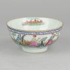 0304 Amsterdams Bont Bowl (clobbered). Blue and white china, decorated in Europe. This bowl is decorated with an example of 'The Music Party' in which a seated singer is accompained by two musicians, a cellist and a harpist.