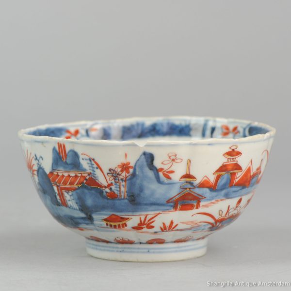 0341. Amsterdams Bont bowl. blue and white china, decorated in Europe. The original bowl was molded and has a blue white landscape scene. - Image 5