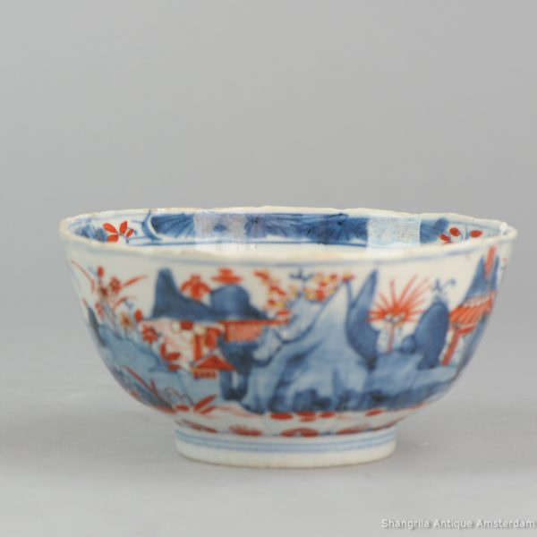 0341. Amsterdams Bont bowl. blue and white china, decorated in Europe. The original bowl was molded and has a blue white landscape scene. - Image 6