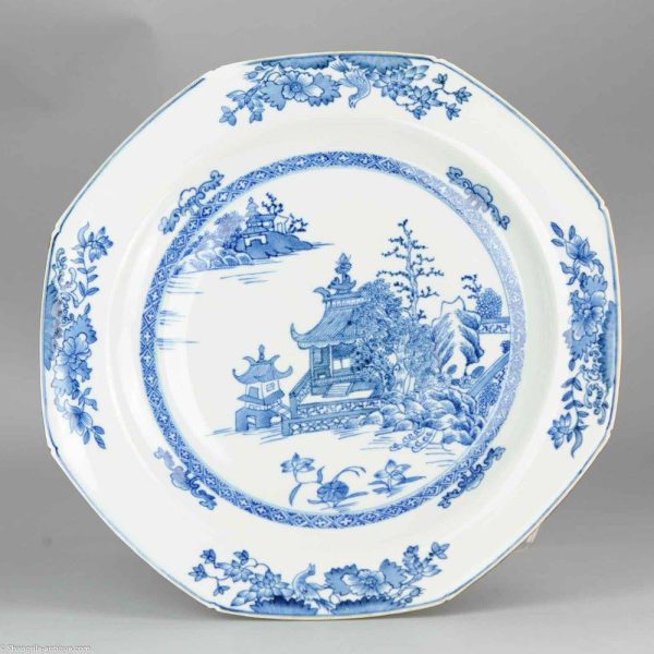 0262. 19th c Gorgeous charger made in Europe, probably England. Copy of a Qianlong plate. Painted in blue with a nice scene of of flowers,