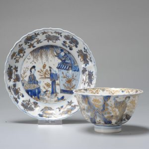 0097 & 0098 Superb Kangxi Blue & White Bowl and Small plate with added Gold in europe. Very high quality.
