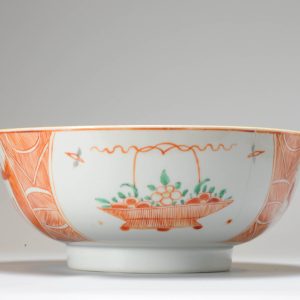 0951 Antique Chinese bowl with European Decoration of a landscape and flower pot