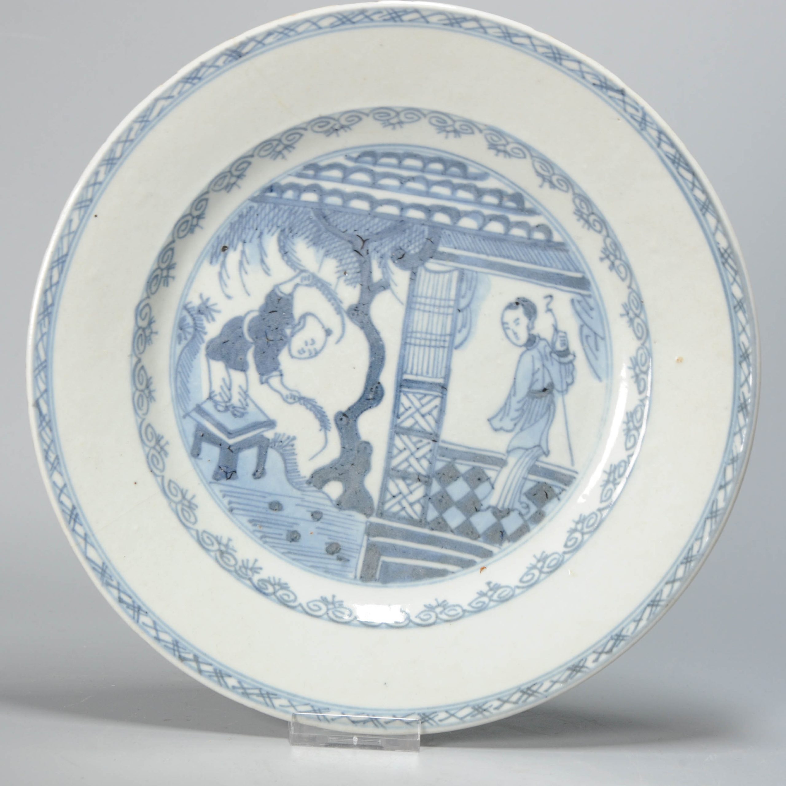 0976 Antique Plate with Blue and White Boy and Lady Qianlong Period (1736-1795)