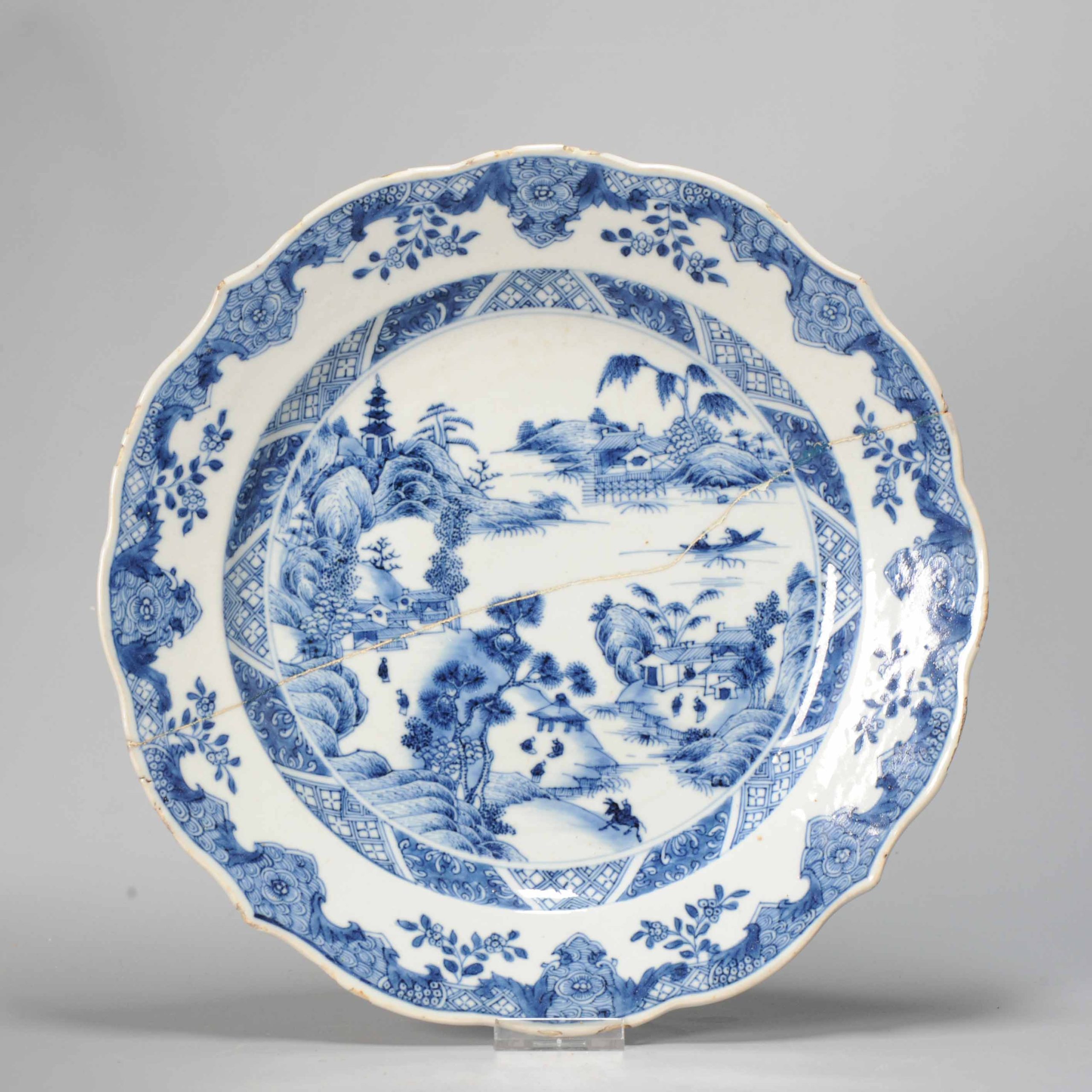 0757 Antique Charger / Plate with Blue and White Landscape including many figures(1736-1795)