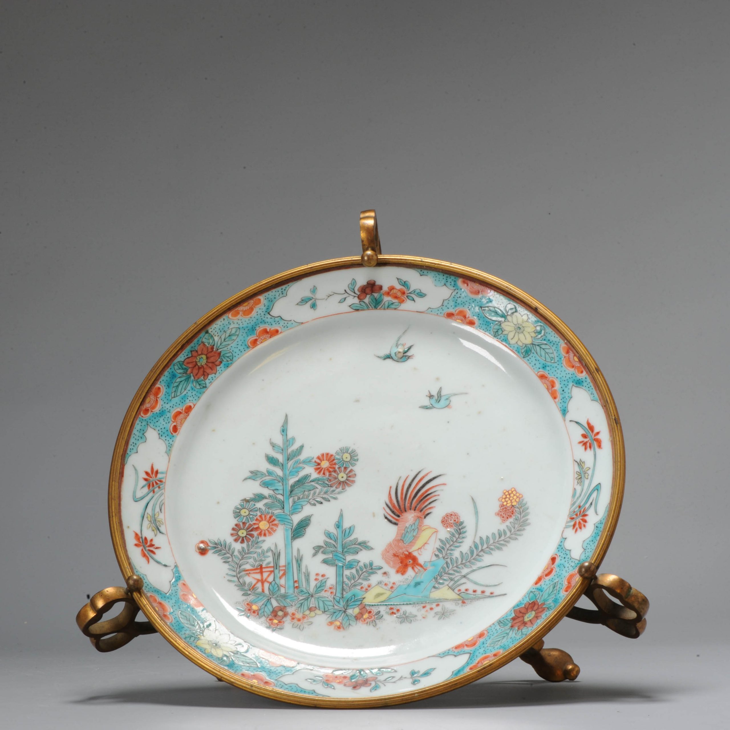 1028 Antique Chinese porcelain plate with Amsterdam Bont Kakiemon Decoration in Turqoise added French Ormulu