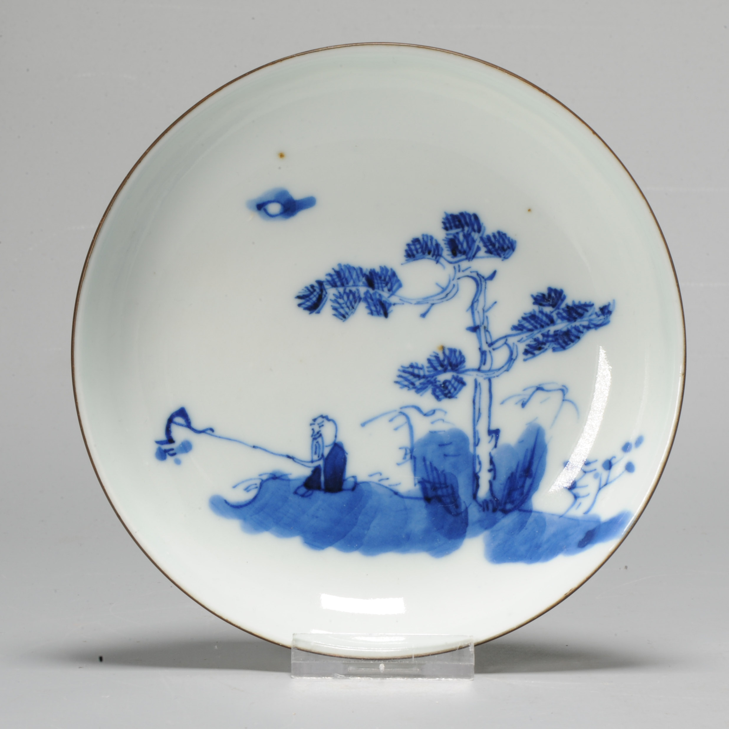 1045 19th c Bleu de Hue dish with a Fisherman and Pine Tree Scene