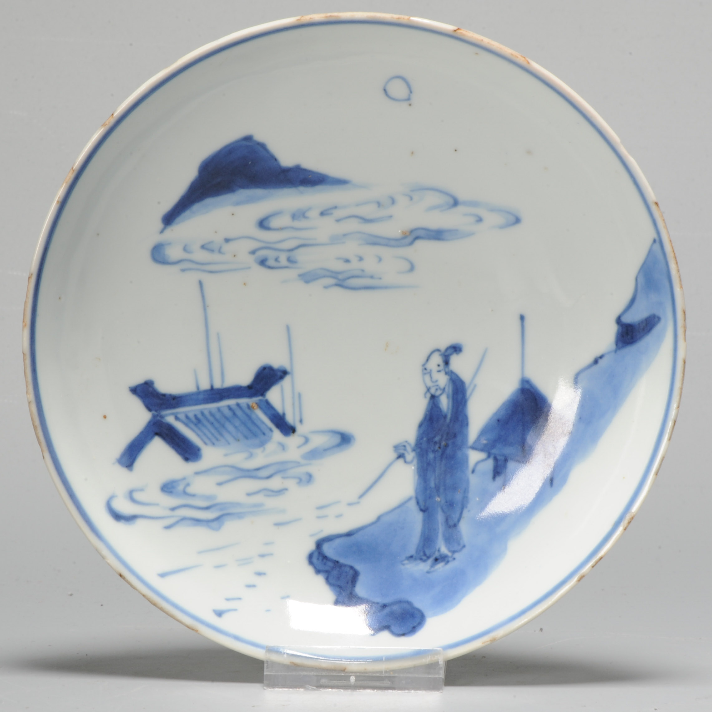 1041 A Chinese porcelain Ming Blue and White Kosometsuke dish with Shepperd in Mountain landscape