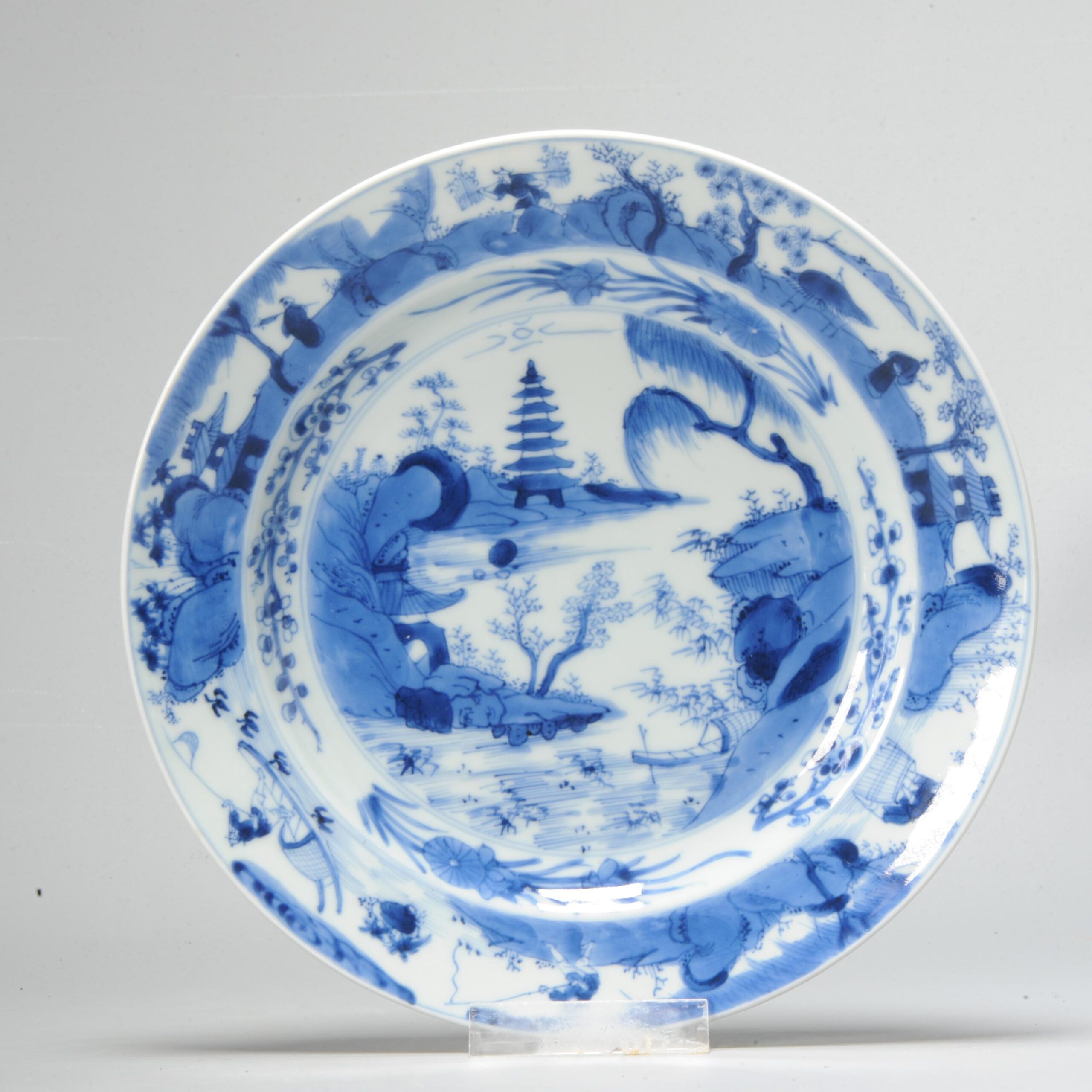1058 Lovely cobalt blue plate with Figures in Landscape. Very much in Ming style