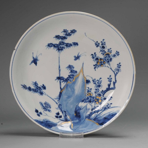 0759 Lovely cobalt blue plate and gold Kangxi Three friends of winter plate Very much in Ming style