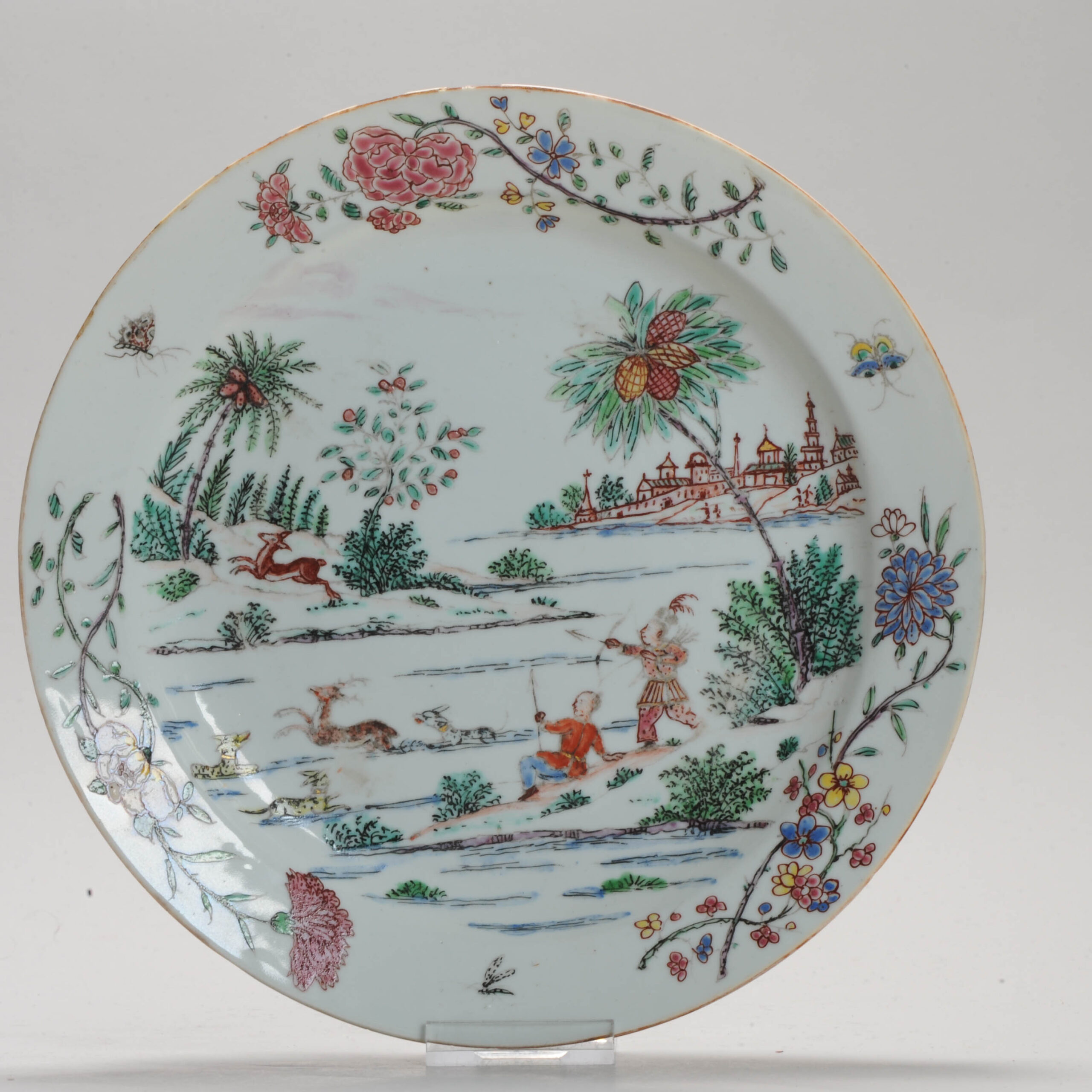 1157 Antique Chinese porcelain Stag Hunt Plate with rare Amsterdam Bont Decoration