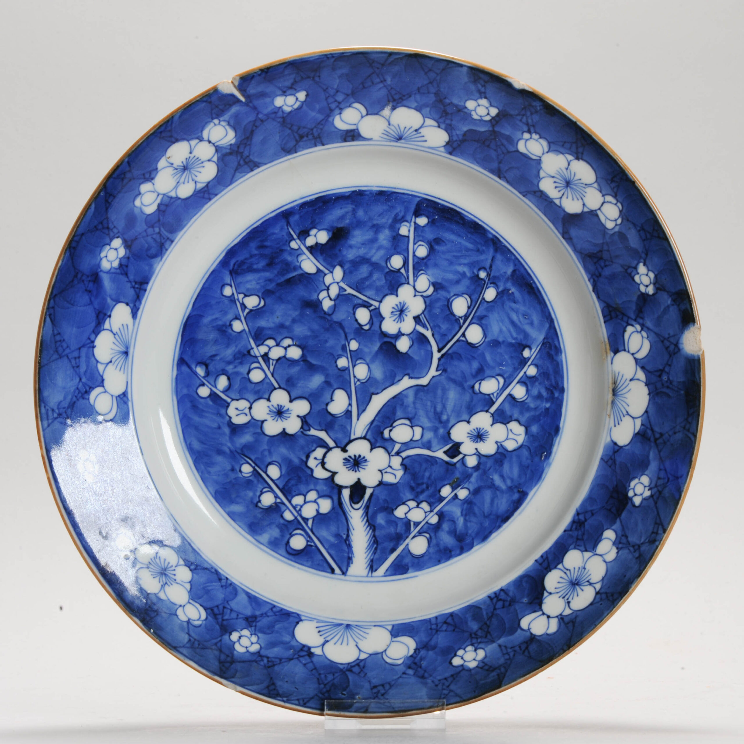 1167 Lovely cobalt blue plate with a Prunus on Crackles ice decoration. Qing period