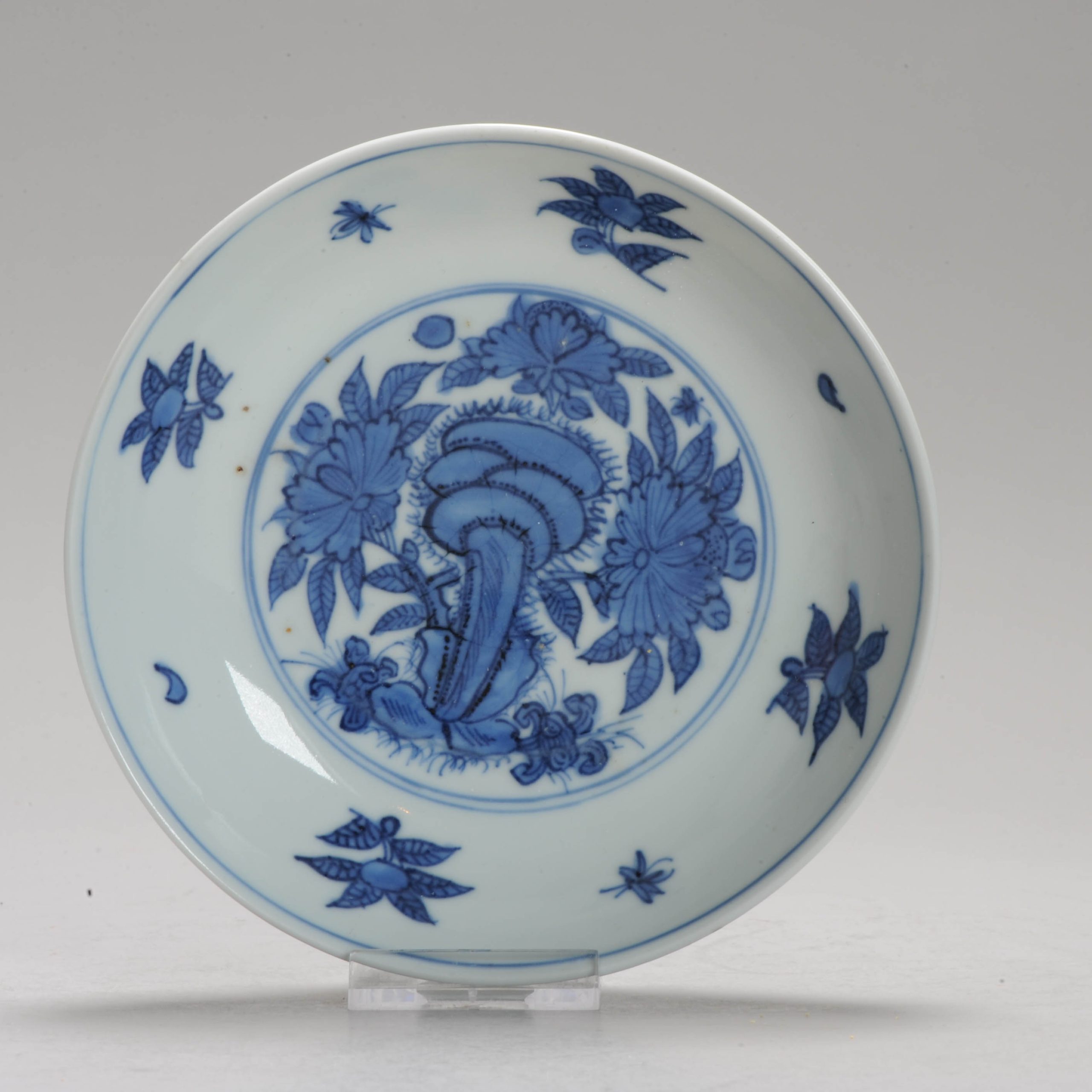 1194 A Chinese porcelain Ming Blue and White Plate with a Mushroom