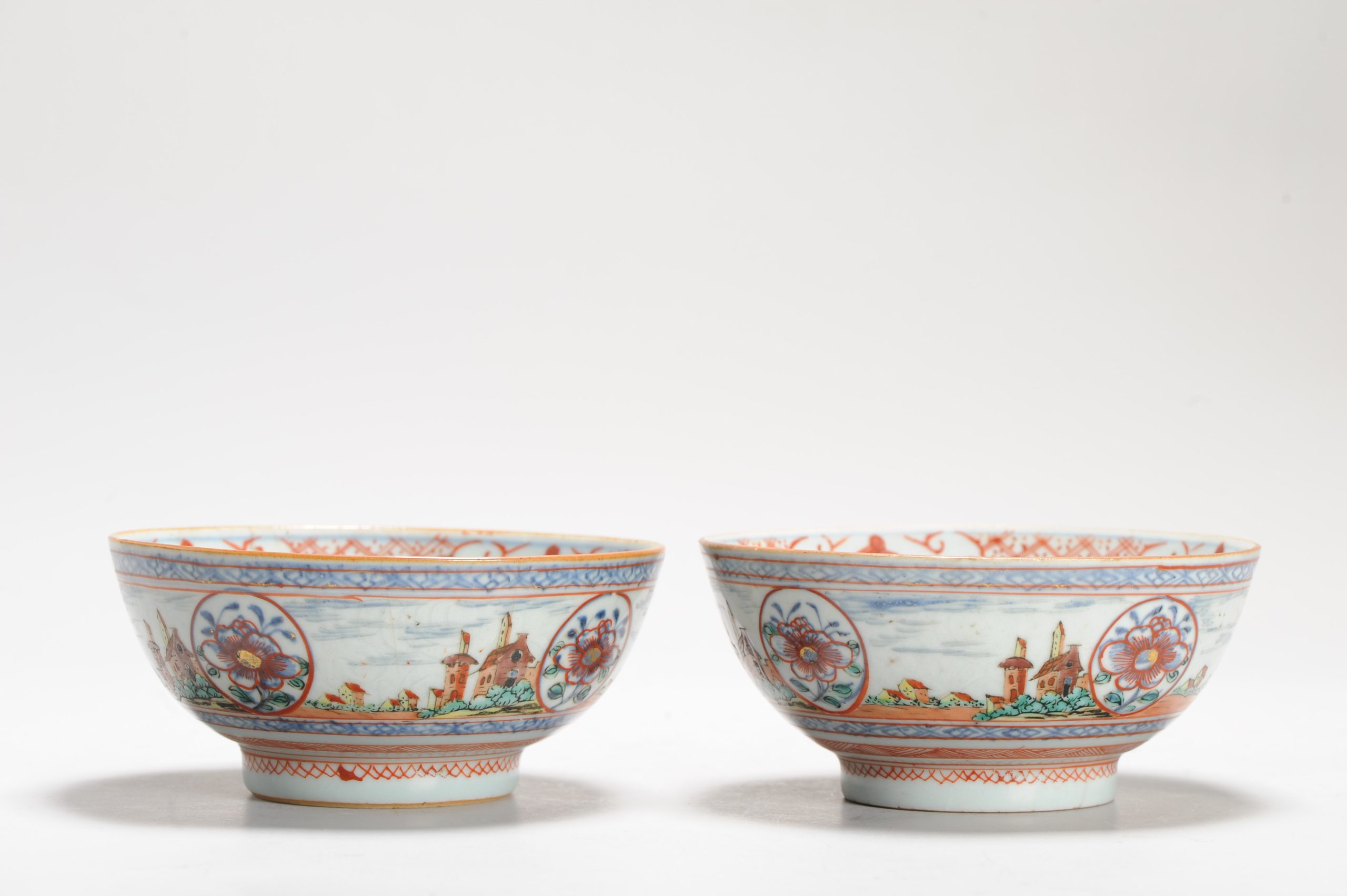 1258 & 1259 A Pair of Landscape Bowls Painted in Europe on a Chinese Blue and White. Amsterdam Bont