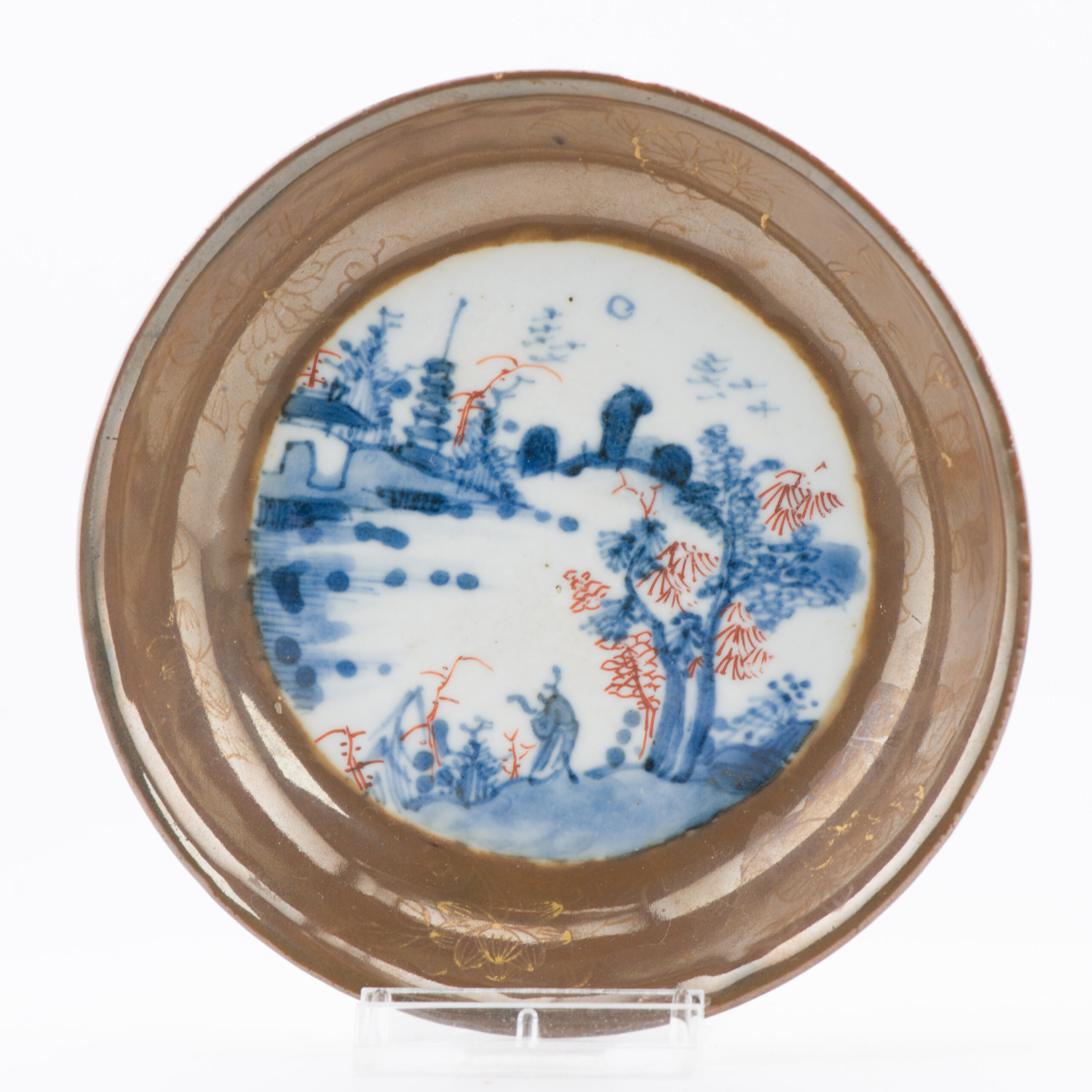 1366 Beautiful Cafe au lait small dish with Literati scene with added red color