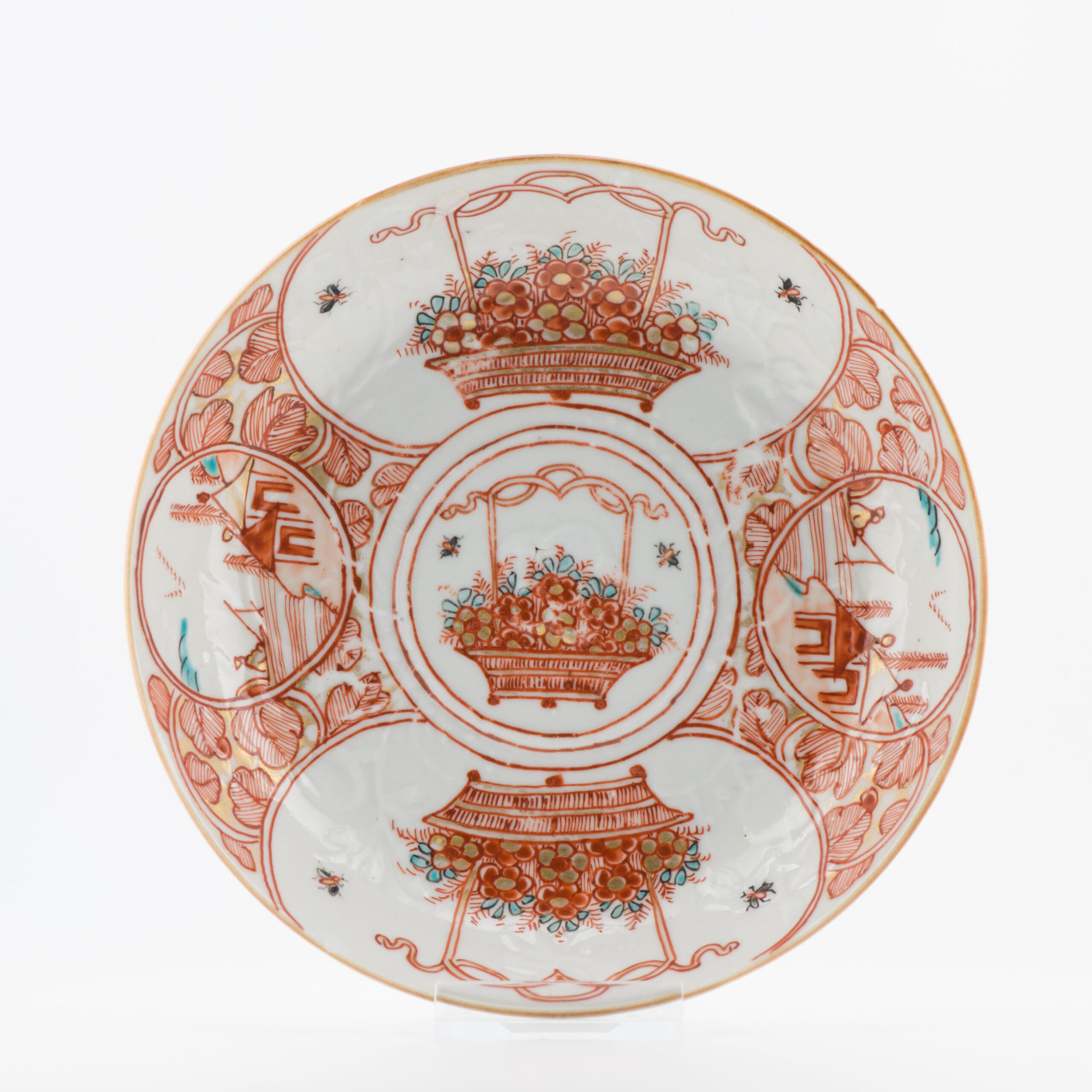 1368 Antique Chinese Dish with Anhua and relief Amsterdam Bont Dish. Redecorated in Holland