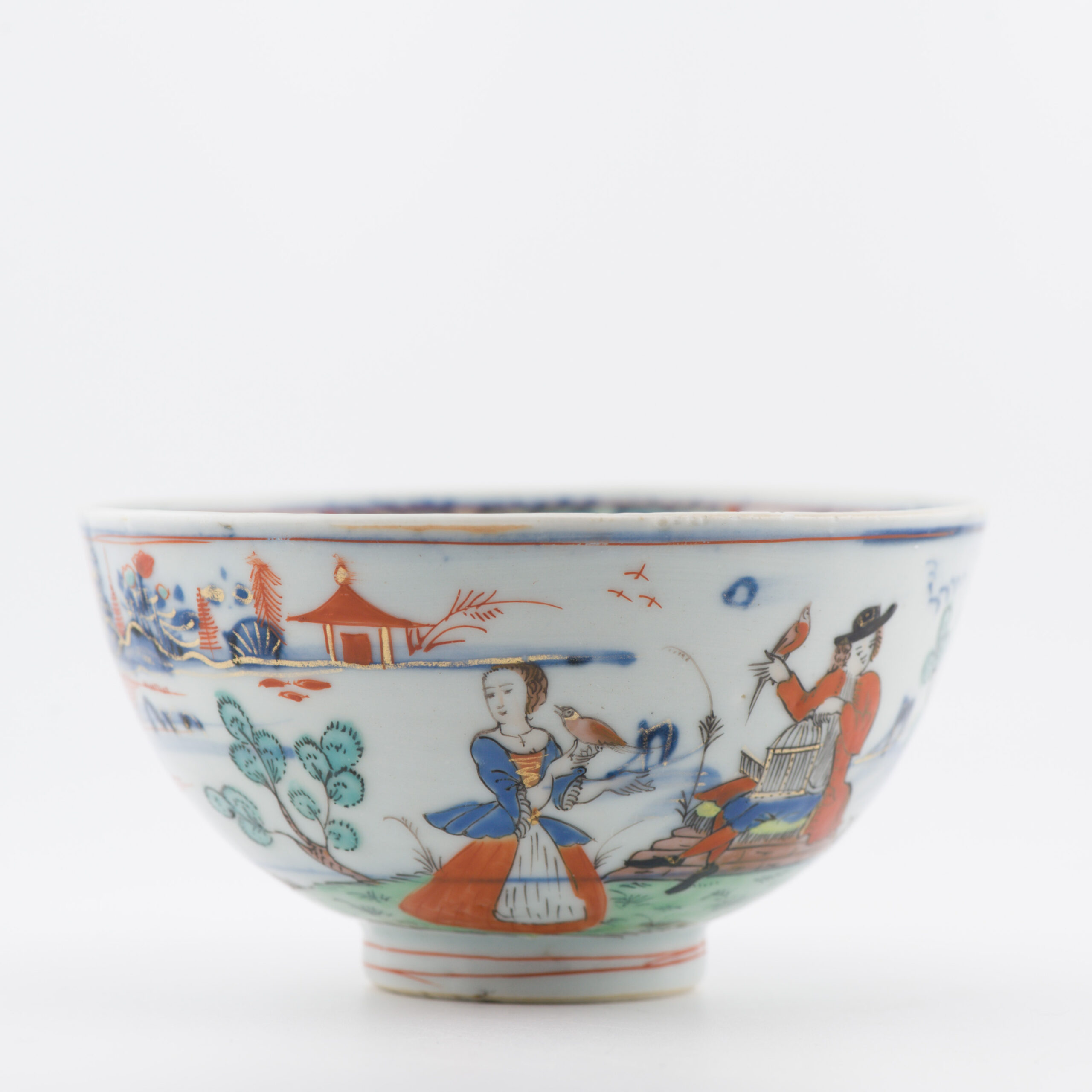 1369 Antique Chinese Landscape Bowl Amsterdam Bont Bowl with a Man and lady and bird cage. Underglaze Blue Overdecorated