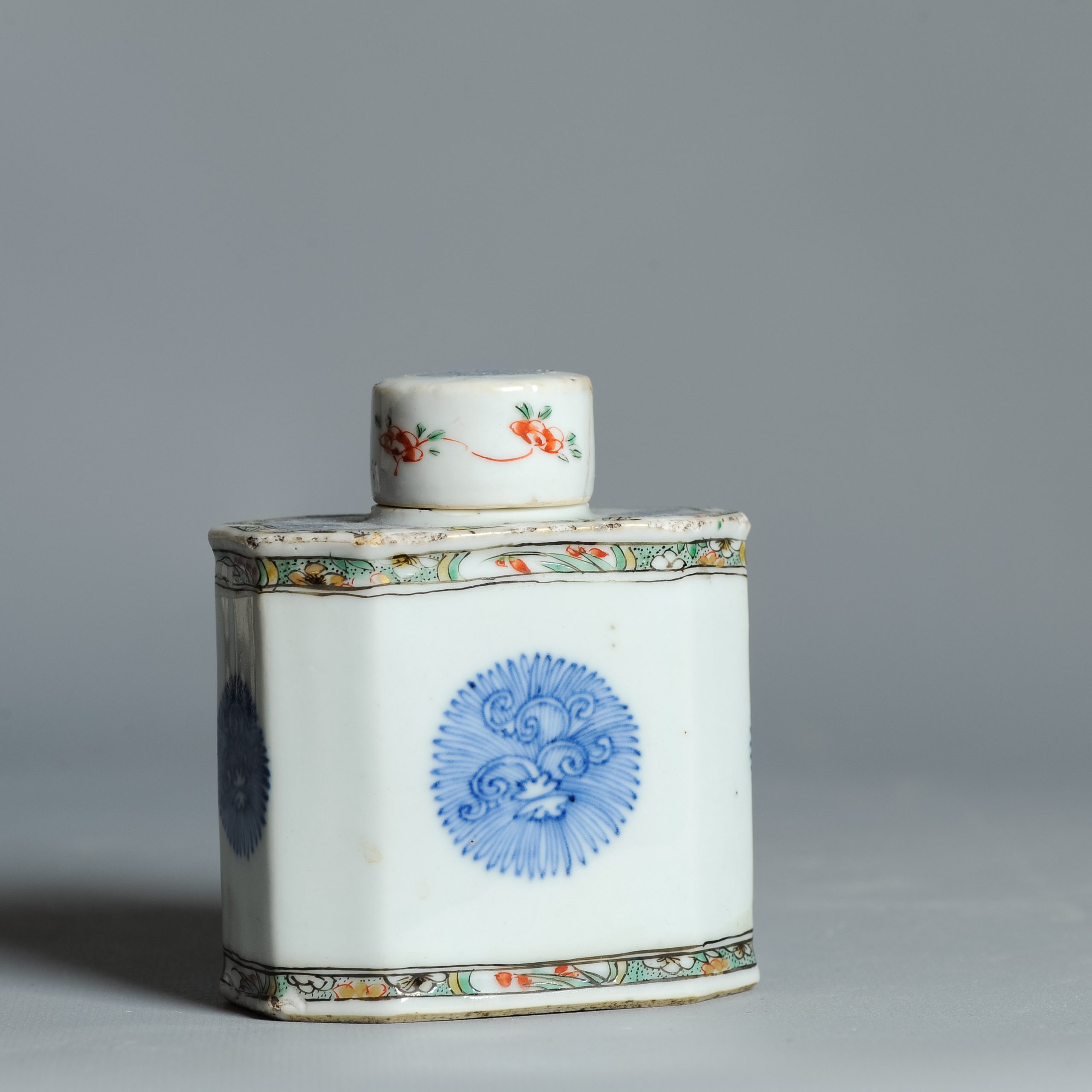 1451 Antique Ca 1710-1730 Blue and White / Verte Chinese Tea Caddy