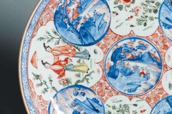 1456 Large Antique Chinese Kangxi/Yongzheng dish with Dutch Decoration Dame au Parasol - Image 10