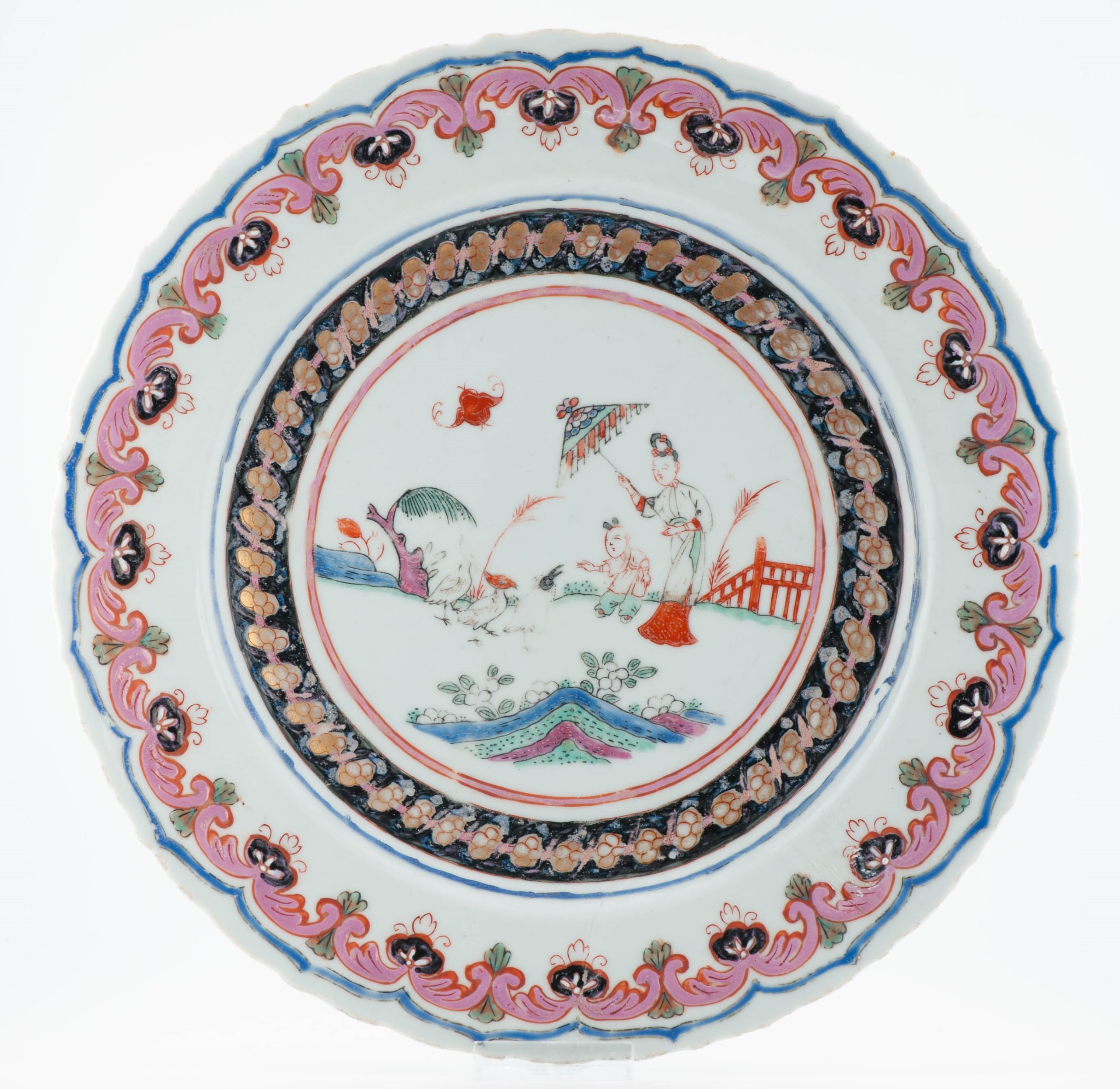 1470 Antique Chinese Porcelain Famille Rose Yongzheng/Qianlong Dame au Parasol European Decorated