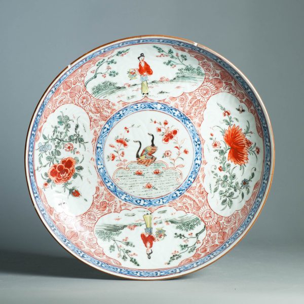 1468 Large Antique Chinese Kangxi/Yongzheng dish with Dutch Decoration Dame au Parasol - Image 5