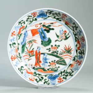 1471 Antique ca 1700 Japanese Arita Wucai Wanli Plate Unusual shaped Bowl Flowers