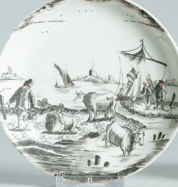 1475 Antique Chinese Tea Bowl with Grisaille Decoration of a River/Lake Landscape - Image 5