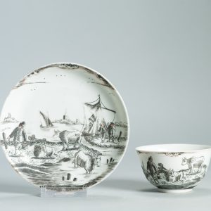 1475 Antique Chinese Tea Bowl with Grisaille Decoration of a River/Lake Landscape