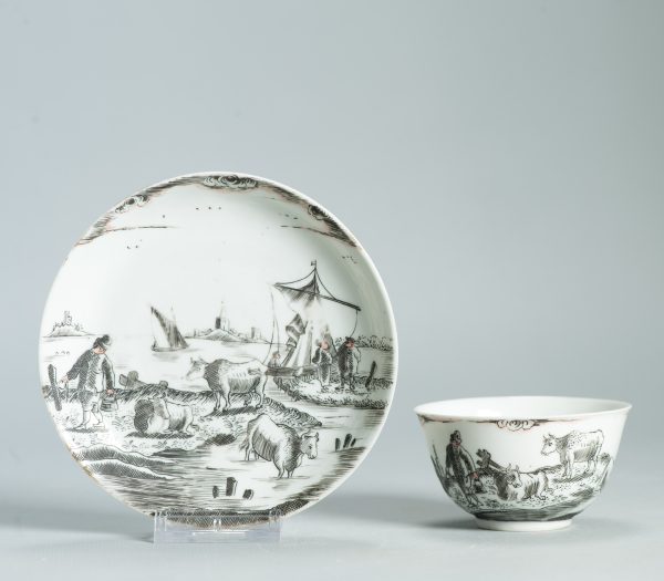 1475 Antique Chinese Tea Bowl with Grisaille Decoration of a River/Lake Landscape