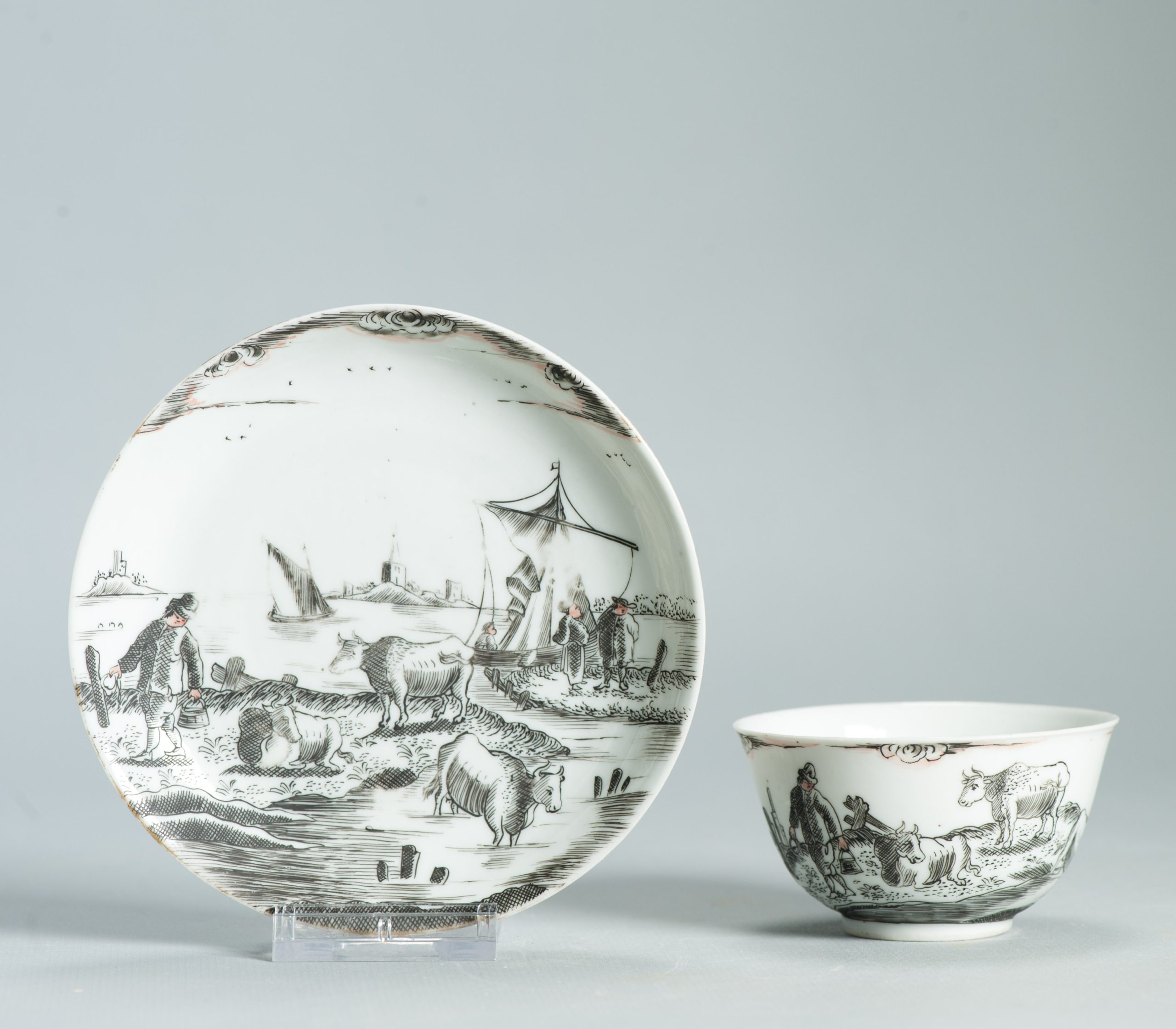 1475 Antique Chinese Tea Bowl with Grisaille Decoration of a River/Lake Landscape
