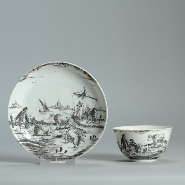 1475 Antique Chinese Tea Bowl with Grisaille Decoration of a River/Lake Landscape - Image 9