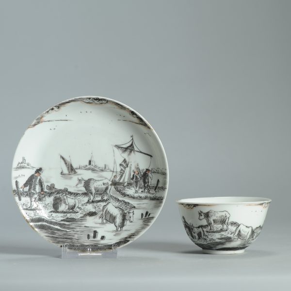 1475 Antique Chinese Tea Bowl with Grisaille Decoration of a River/Lake Landscape - Image 8