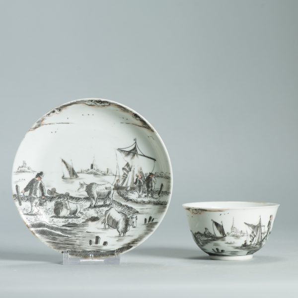 1475 Antique Chinese Tea Bowl with Grisaille Decoration of a River/Lake Landscape - Image 19