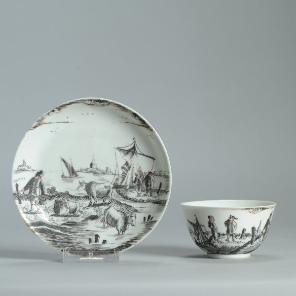 1475 Antique Chinese Tea Bowl with Grisaille Decoration of a River/Lake Landscape - Image 16