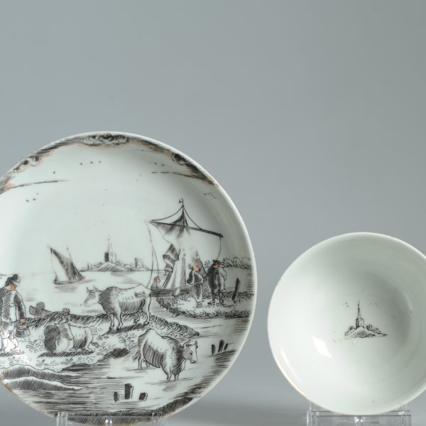 1475 Antique Chinese Tea Bowl with Grisaille Decoration of a River/Lake Landscape - Image 12