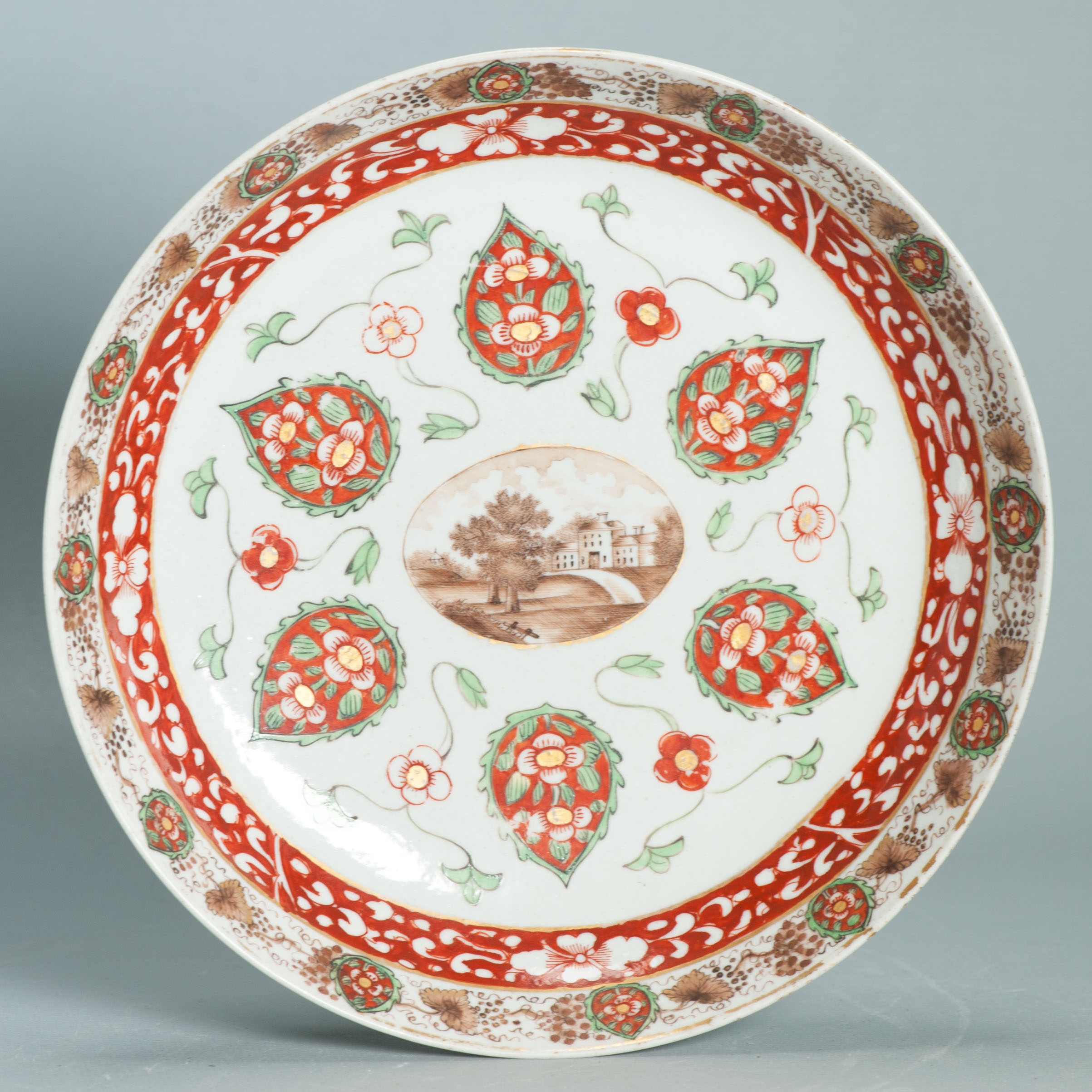 1505 Antique Chinese Plate with Sepia Decoration of a Landscape Later added Peepal Leaves
