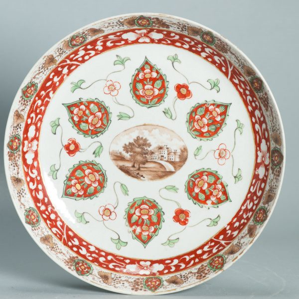 1505 Antique Chinese Plate with Sepia Decoration of a Landscape Later added Peepal Leaves - Image 5