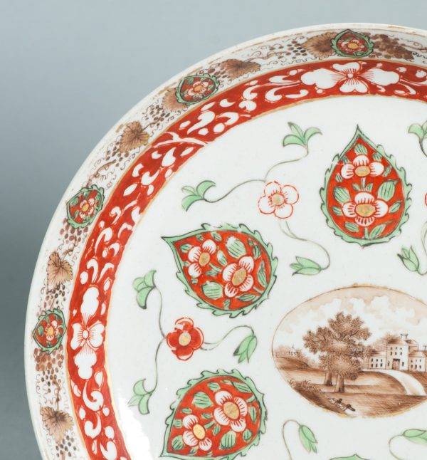 1505 Antique Chinese Plate with Sepia Decoration of a Landscape Later added Peepal Leaves - Image 4