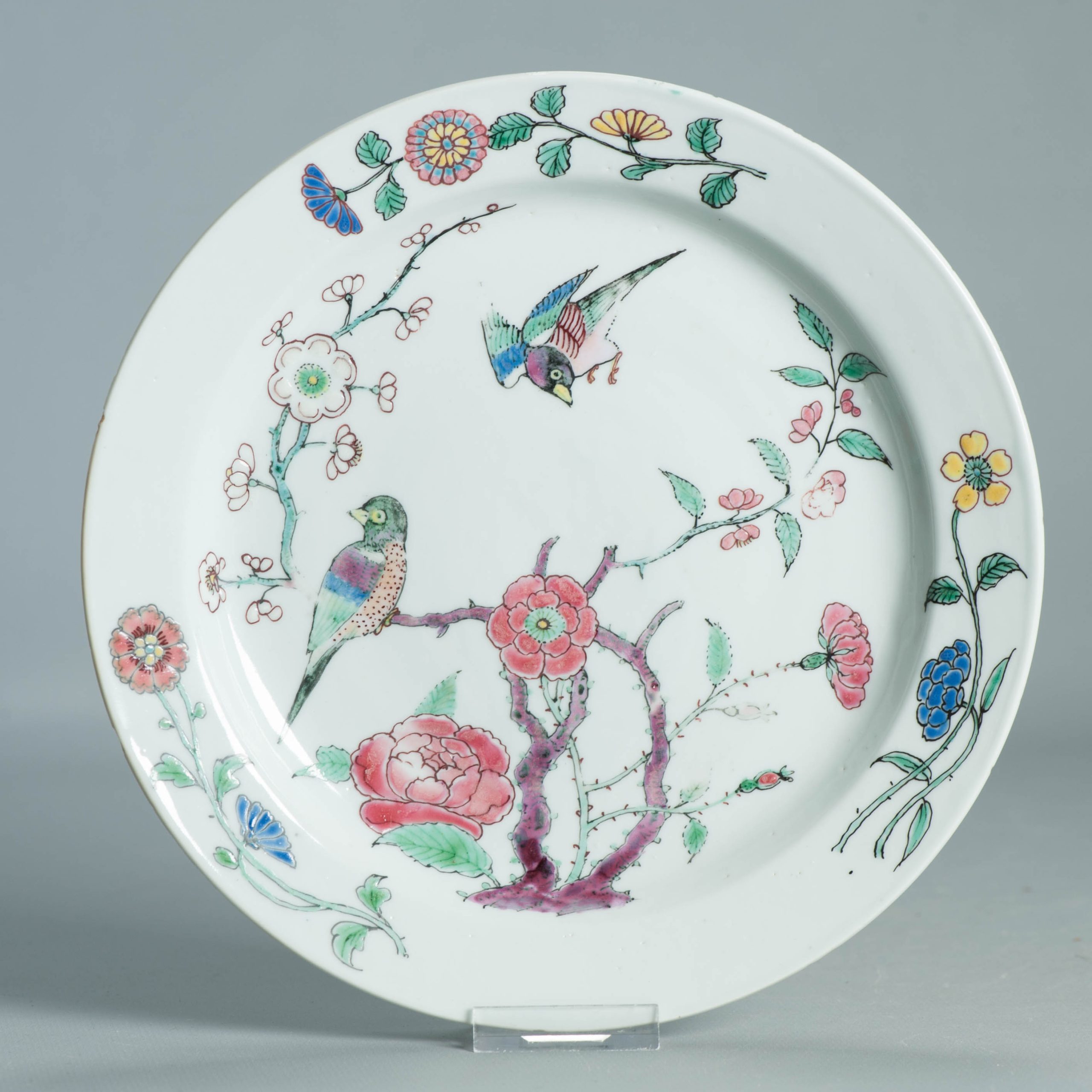 1506 Antique Chinese Porcelain Plate With Famille Rose Decoration of Birds and Flowers