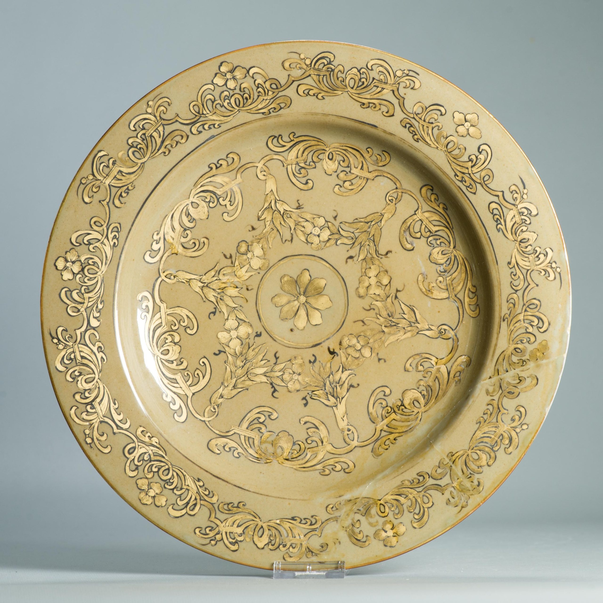 1510 Antique Chinese Cafe au Lait Porcelain Plate With European gold Redecoration