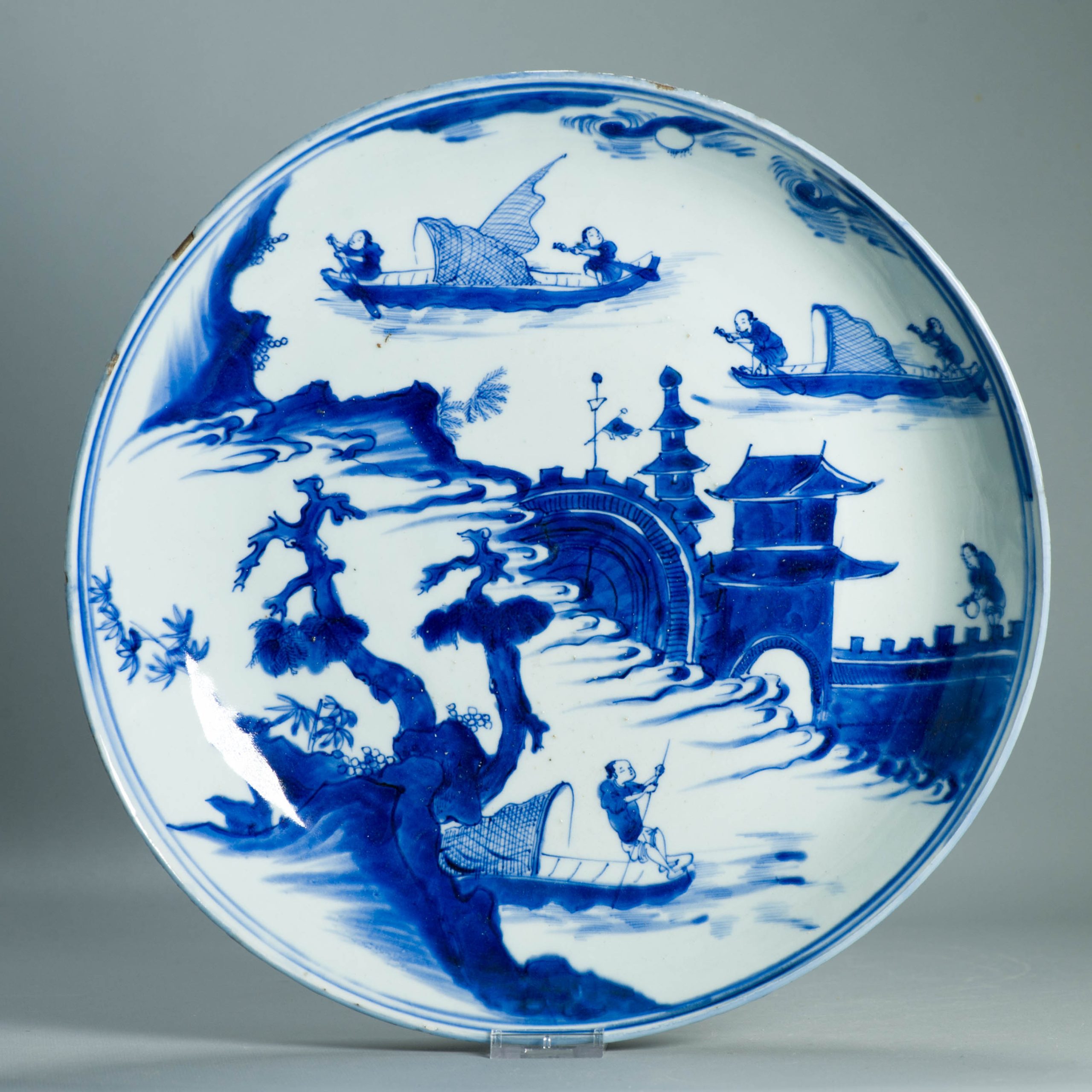 1514 Large Rare Antique Ming Period Landscape Dish Tianqi / CHongzhen Periode