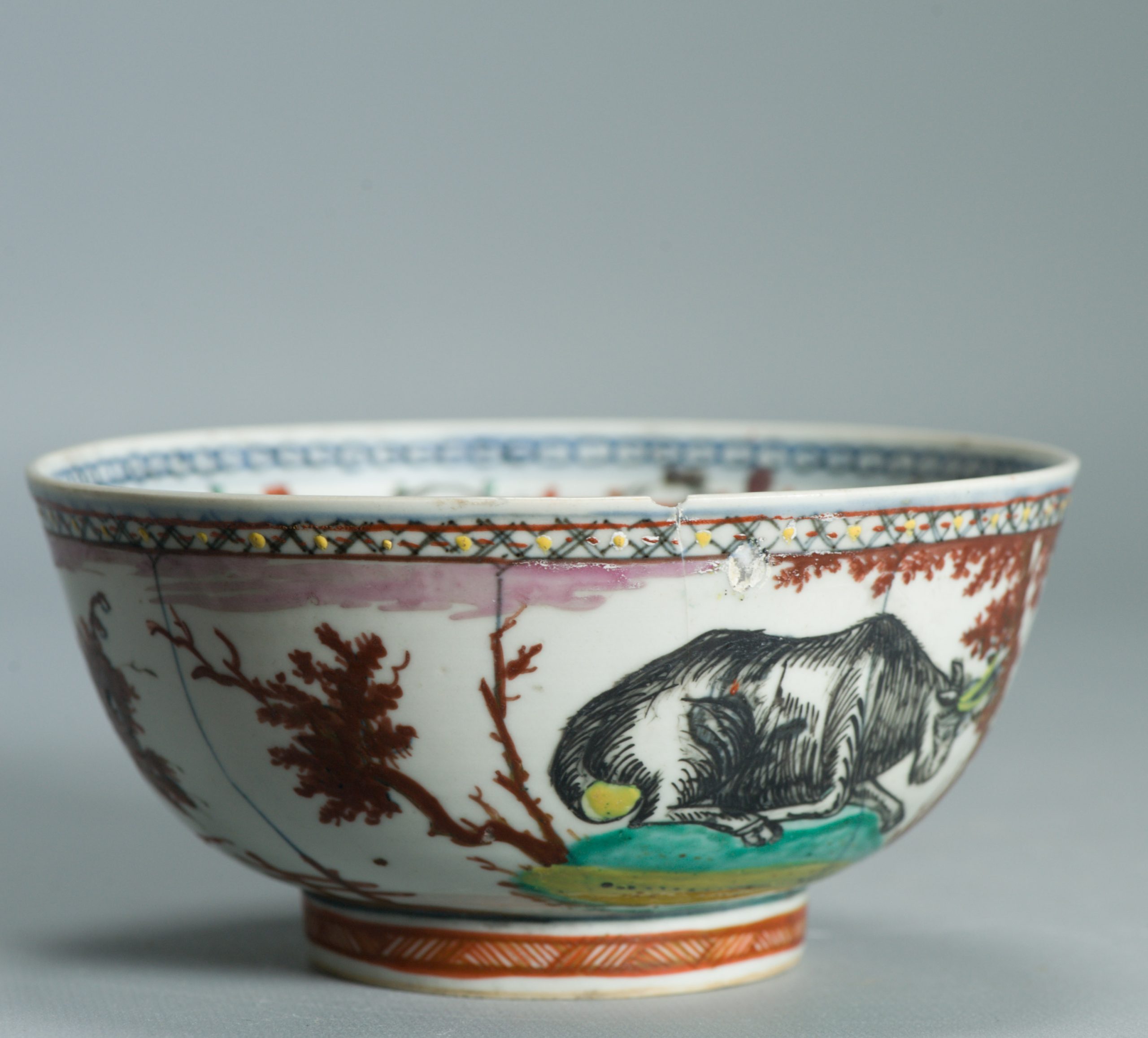 1526 Antique Chinese Porcelain Blue and white Dutch Pastoral Redecoration with Cows - Image 3