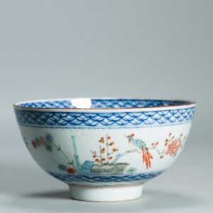 1529 Antique Chinese Porcelain Kangxi/Yongzheng Anhua Carved Bowl with added Dutch Kakiemon Japanese Decoration