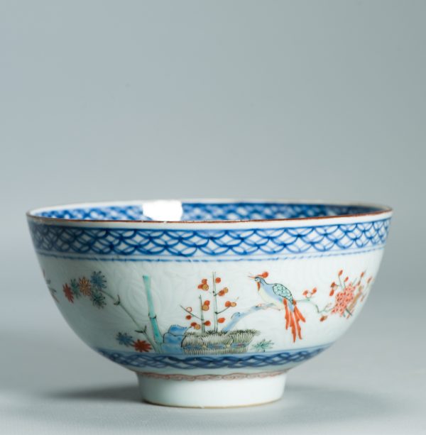 1529 Antique Chinese Porcelain Kangxi/Yongzheng Anhua Carved Bowl with added Dutch Kakiemon Japanese Decoration