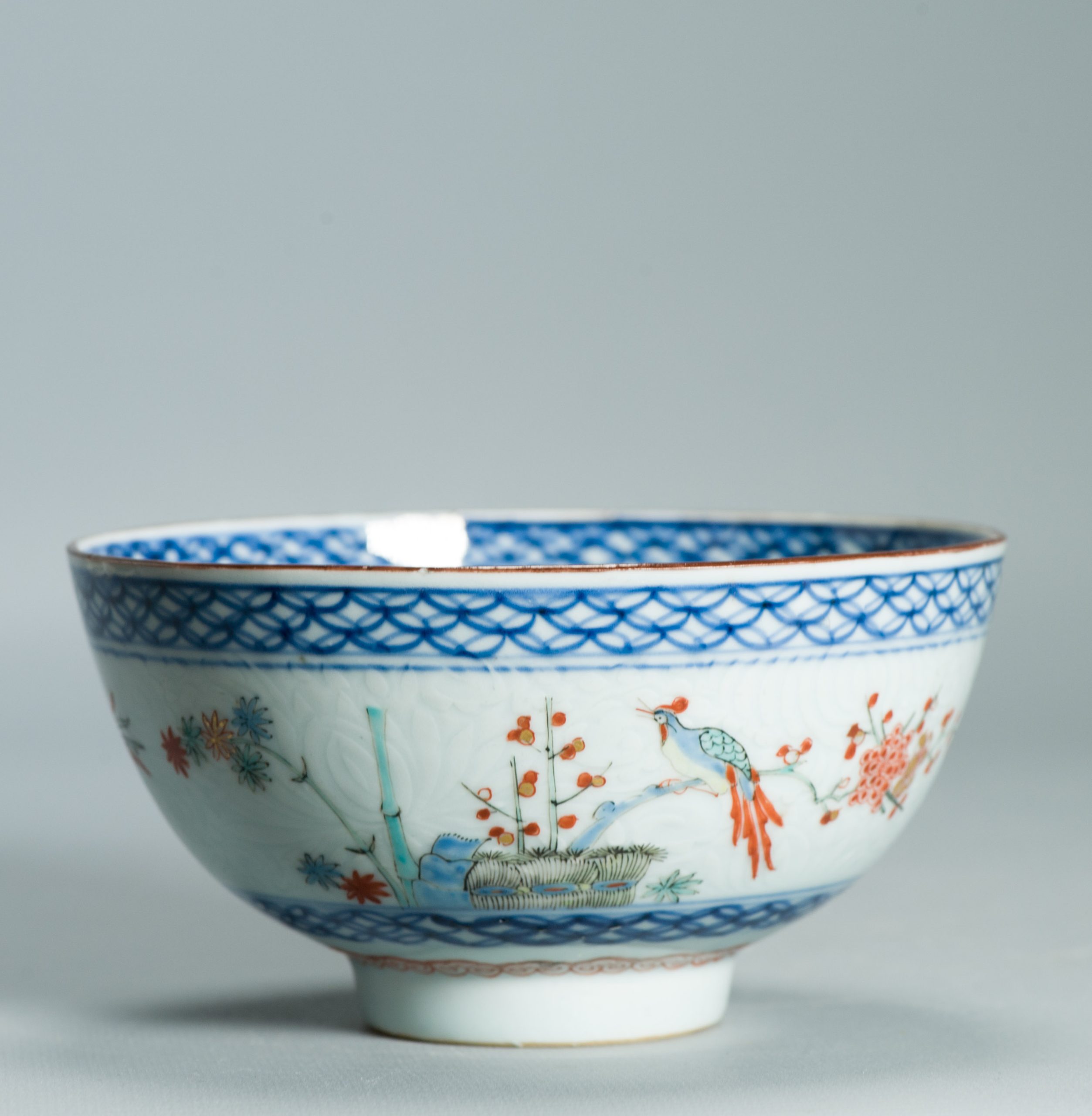 1529 Antique Chinese Porcelain Kangxi/Yongzheng Anhua Carved Bowl with added Dutch Kakiemon Japanese Decoration