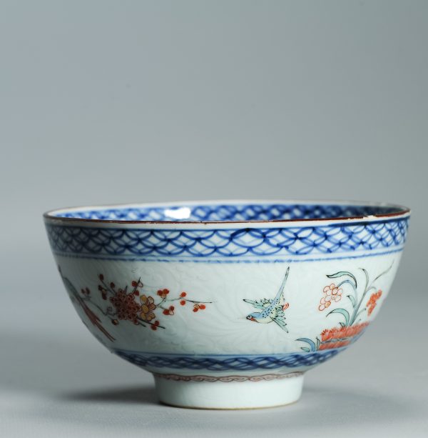 1529 Antique Chinese Porcelain Kangxi/Yongzheng Anhua Carved Bowl with added Dutch Kakiemon Japanese Decoration - Image 11