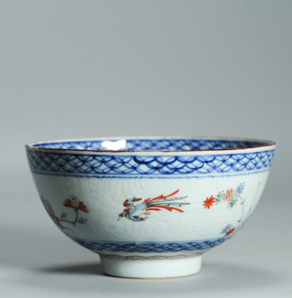 1529 Antique Chinese Porcelain Kangxi/Yongzheng Anhua Carved Bowl with added Dutch Kakiemon Japanese Decoration - Image 5