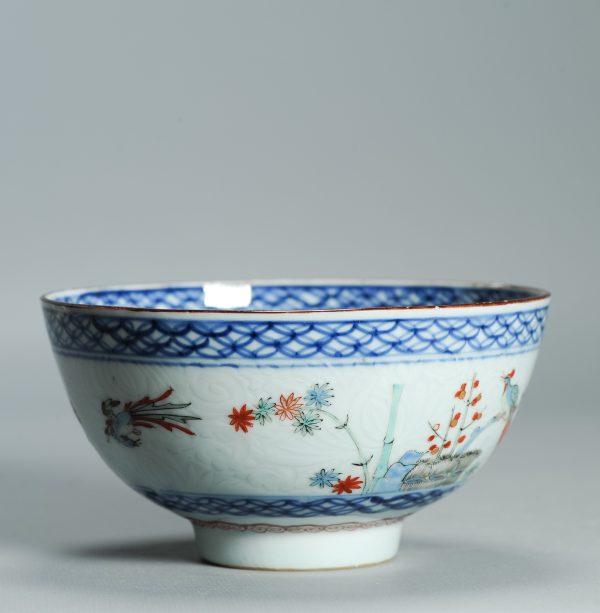 1529 Antique Chinese Porcelain Kangxi/Yongzheng Anhua Carved Bowl with added Dutch Kakiemon Japanese Decoration - Image 4
